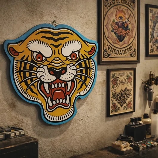 Rótulo tattoo tradicional de tigre pintado a mano colgado en estudio de tatuajes
