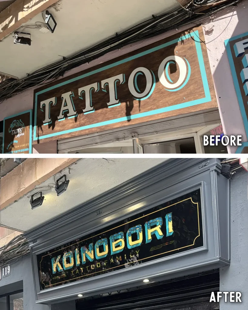 Antes y después de rótulo tradicional de madera con vidrio rotulado a mano y pan de oro en estudio de tatuajes en Valencia