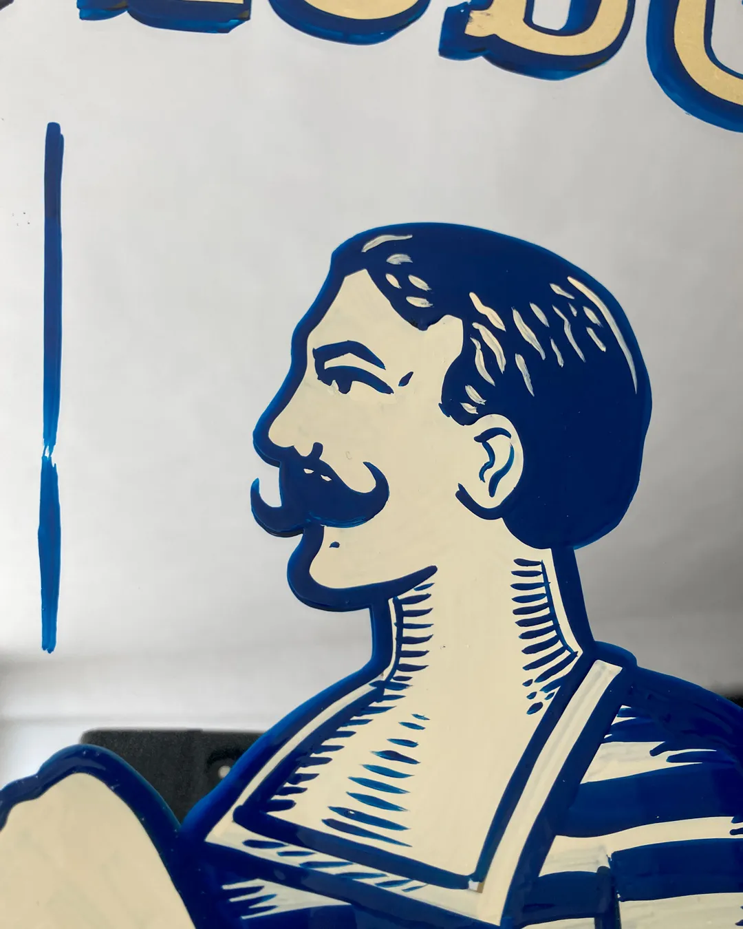 Detalle de ilustración de boxeador pintada a mano sobre espejo de estilo vintage