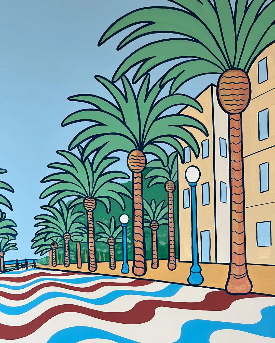 Detalle ilustrado de mural vintage pintado a mano en oficina corporativa