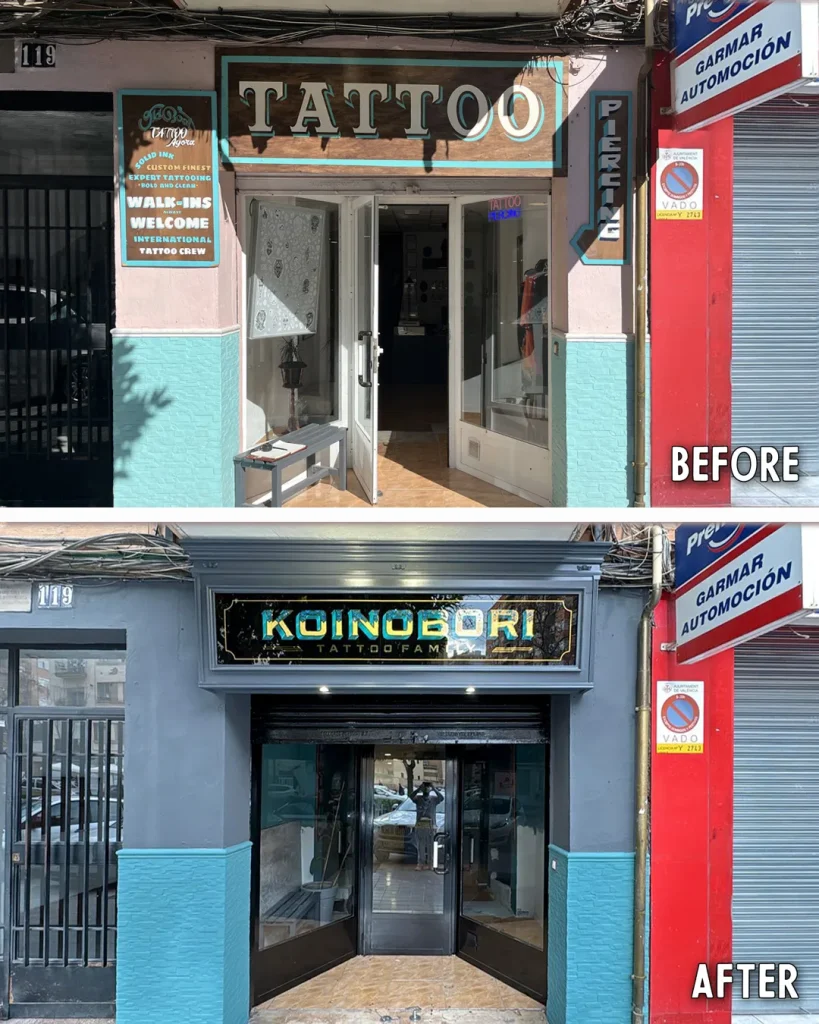 Antes y después de la entrada de un estudio de tatuajes en Valencia con rótulo tradicional de madera y vidrio rotulado a mano con pan de oro